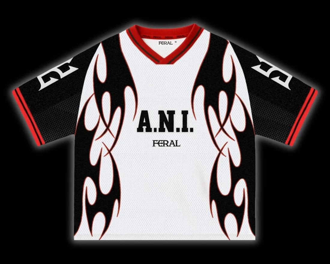 A.N.I. and FERAL jersey in white, black and red