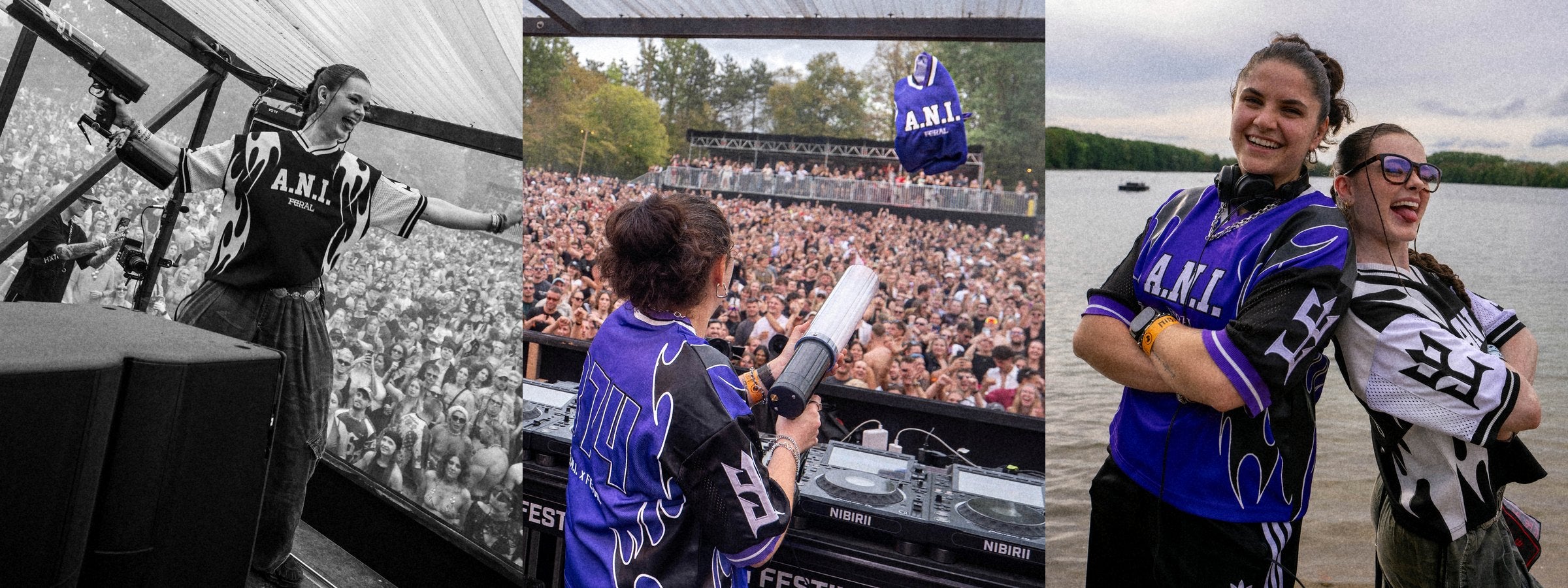 The A.N.I. jerseys worn at Nibirii Festival: the monochrome on stage, the purple thrown over the crowd, and both by the lake