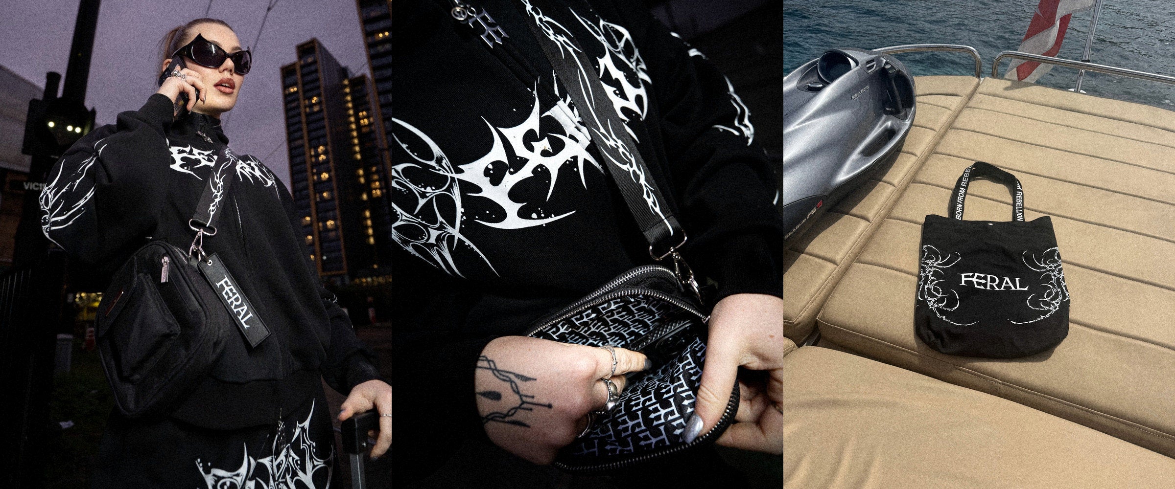 FERAL crossbody and tote bags, worn