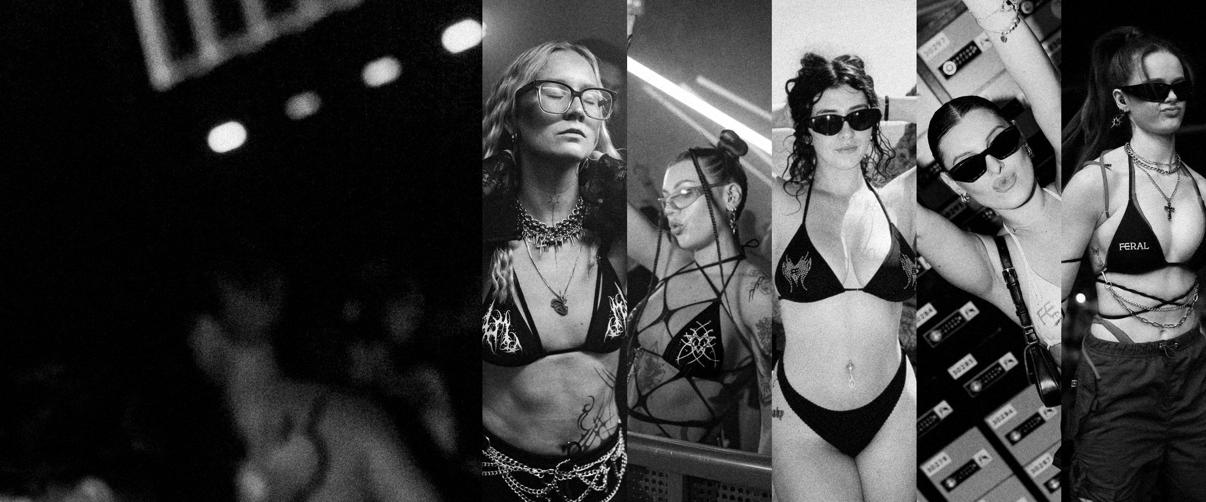 FERAL bikinis in black and white: sigil bikini tops in the crowd and on stage, and on a boat by the rocks