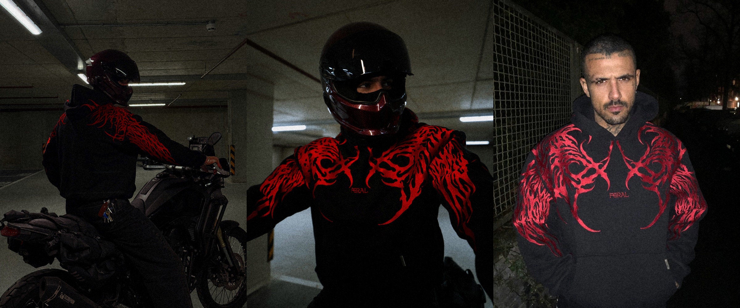 FERAL Devour Red Sigil hoodie, worn at night