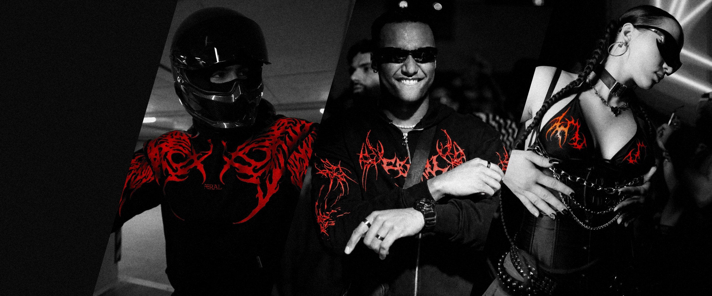 The FERAL Devour Red Sigil hoodie, the Rogue zip hoodie in red and the Sigilism bikini top in crimson, worn, in black and white with only the red left