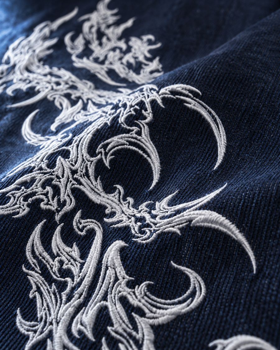 Close up of the white sigilism embroidery on denim blue